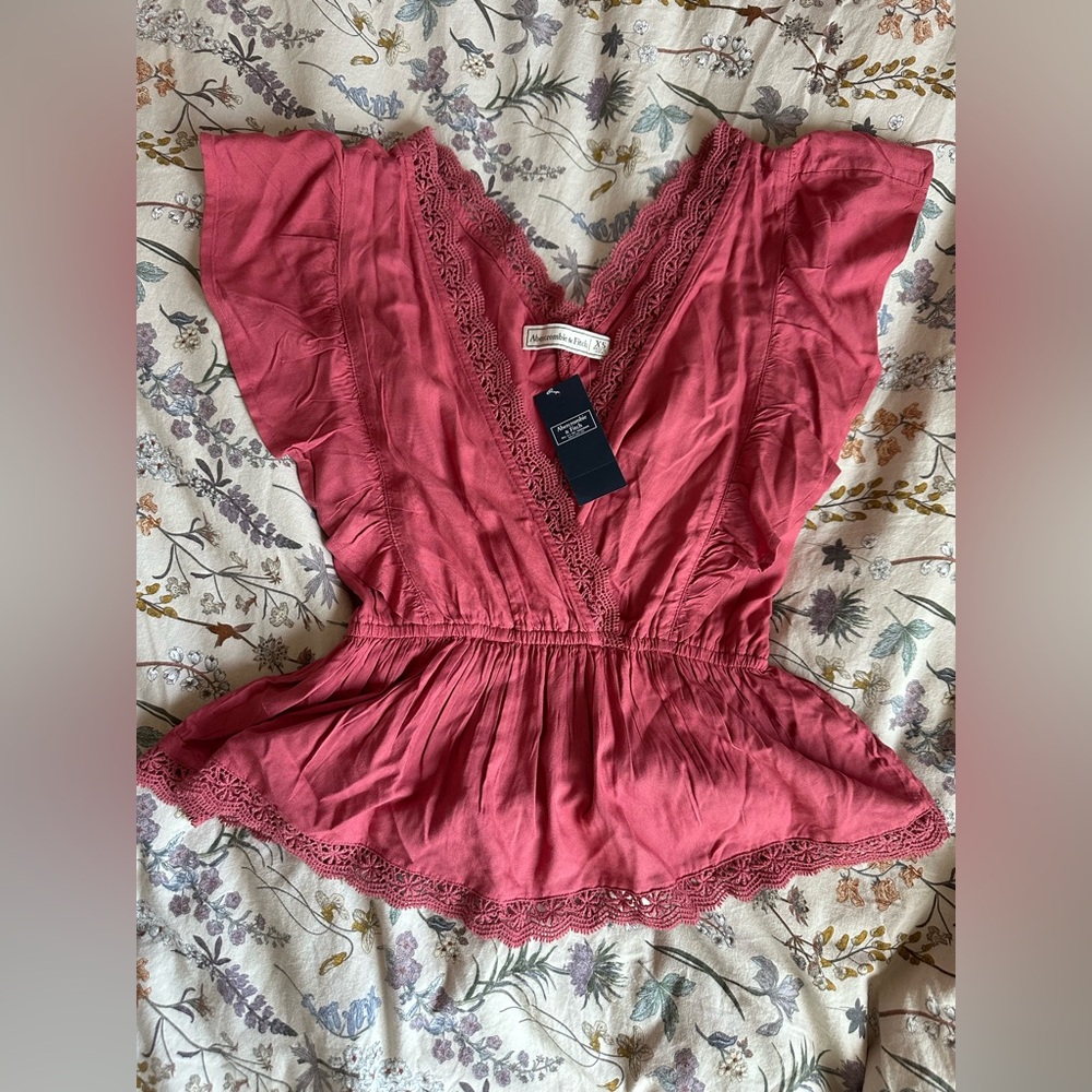 Abercrombie Pink Ruffle Sleeve Blouse with Lace Detail, XS